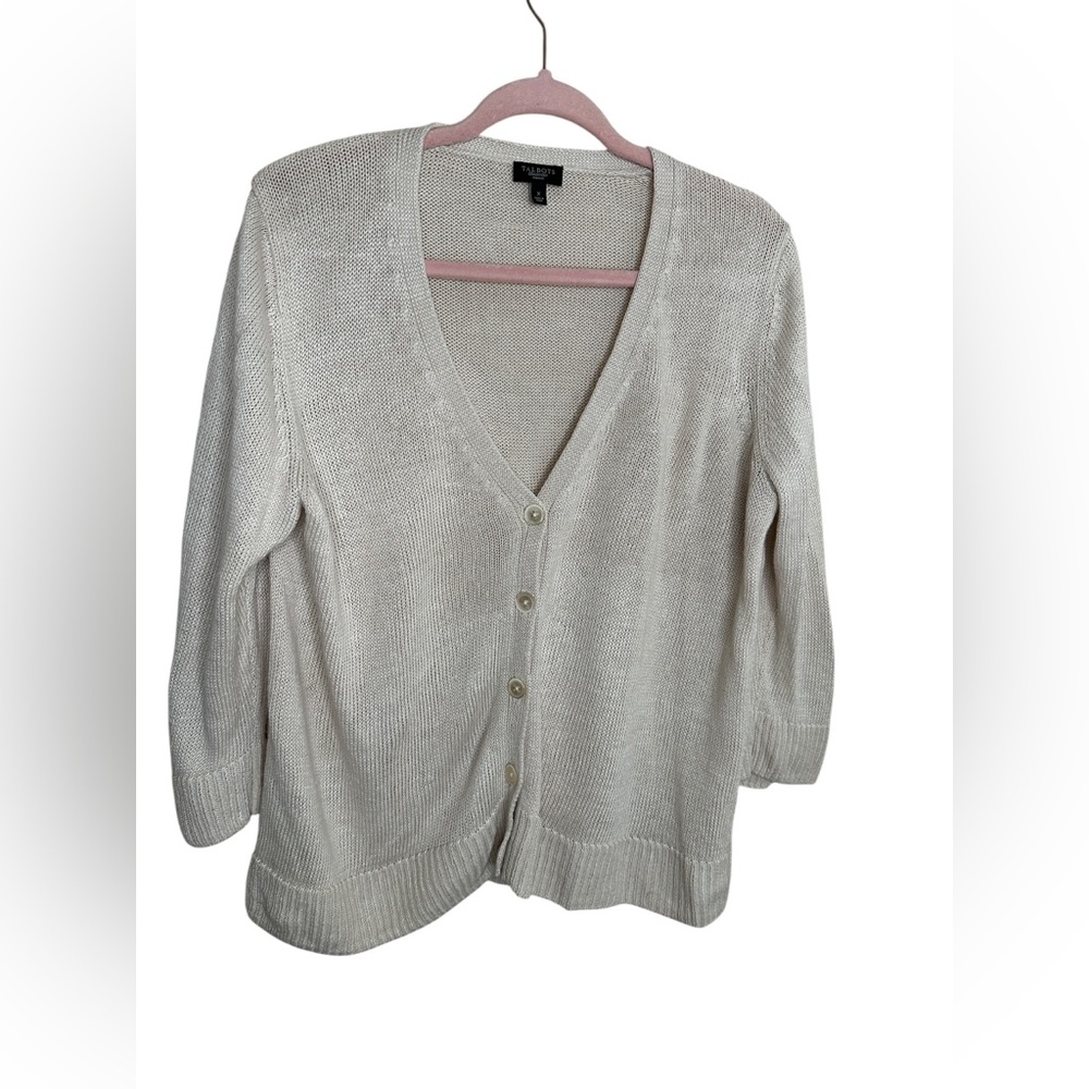 Talbots 100% Linen Cardigan X/1X Oatmeal Button Front V-Neck Classic NWOT